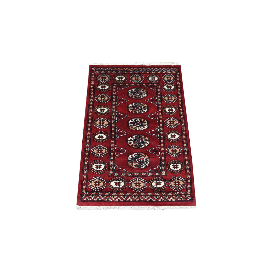 2'x3' Hand Knotted Mori Bokara with Tribal Medallions Design Deep Red Soft Wool Oriental Mat Rug FWR416736