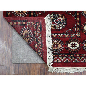 2'x3' Hand Knotted Mori Bokara with Tribal Medallions Design Deep Red Soft Wool Oriental Mat Rug FWR416736