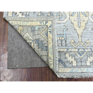 4'1"x9'9" Organic Wool Hand Knotted Gray Anatolian Village Inspired with Large Medallions Design Oriental Wide Runner Rug FWR417018