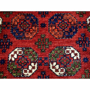 10'x13'9" Soft Wool Hand Knotted Coral Red Afghan Ersari with Geometric Elephant Feet Design Oriental Rug FWR417186