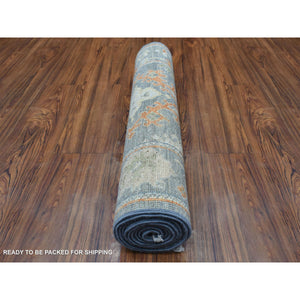 2'9"x9'9" Dark Gray Angora Oushak with Pop of Colors Soft Glimmery Wool Hand Knotted Oriental Runner Rug FWR417330