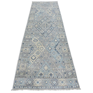 2'10"x9'8" Hand Knotted Gray Anatolian Village Inspired with Criss Cross Design Extra Soft Wool Oriental Runner Rug FWR417654