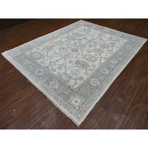 8'x9'10" Ivory Angora Oushak with Leaf Design Hand Knotted Soft and Supple Wool Oriental Rug FWR417804