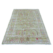 Load image into Gallery viewer, 4&#39;10&quot;x6&#39;7&quot; Soft, Velvety Plush Wool Hand Knotted Lime Green Afghan Angora Ushak with Willow and Cypress Tree Design Oriental Rug FWR418392
