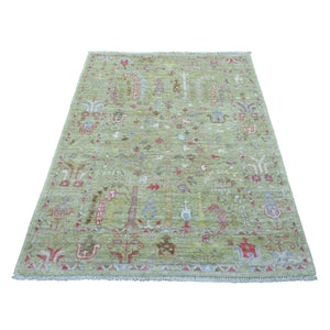 4'1"x5'9" Afghan Angora Ushak with Colorful Willow and Cypress Tree Design Organic Wool Hand Knotted Lime Green Oriental Rug FWR418560