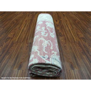 8'2"x9'10" Coral Pink Afghan Angora Oushak with Assortment of Colors Pure Wool Hand Knotted Oriental Rug FWR418698