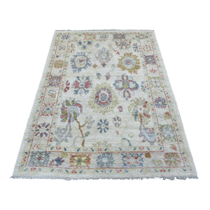 4'1"x6' Organic Wool Hand Knotted Ivory Angora Ushak With A Beautiful, Color Pattern Oriental Rug FWR418884