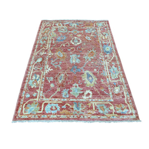 3'10"x5'8" Afghan Angora Oushak with Bold Floral Pattern Extremely Durable Hand Knotted Coral Pink Oriental Rug FWR418890