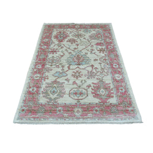 4'1"x5'10" Ivory Afghan Angora Oushak with Soft Colors Pure and Comfortable Wool Hand Knotted Oriental Rug FWR418914