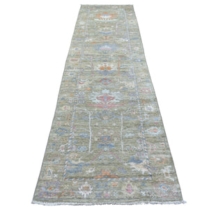 3'x11'7" Afghan Angora Ushak with Assortment of Colors Extra Soft Wool Hand Knotted Lime Green Oriental Runner Rug FWR419088