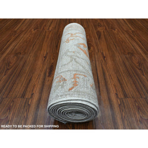 2'5"x13'9" Hand Knotted, Gray, Angora Ushak with A Floral Pattern, Organic Wool, Oriental, XL Runner, Rug FWR419100