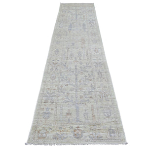 2'8"x11'9" Extra Soft Wool Hand Knotted Silver Angora Oushak with Faded Out Cypress and Willow Tree Design Oriental Runner Rug FWR419358