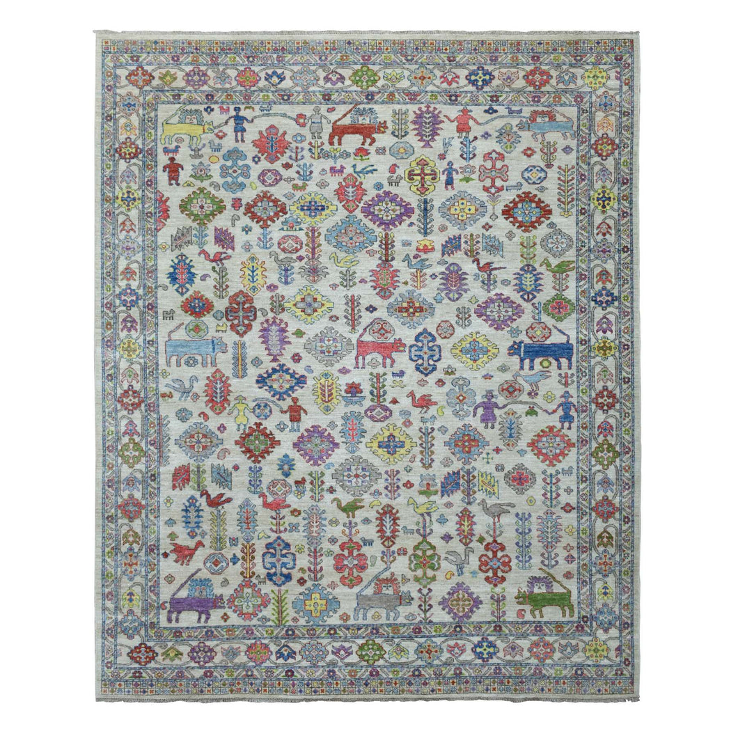 8'x10' Gray Afghan Peshawar with Ancient Animal Figurines Soft, Velvety Plush Wool Hand Knotted Oriental Rug FWR419364