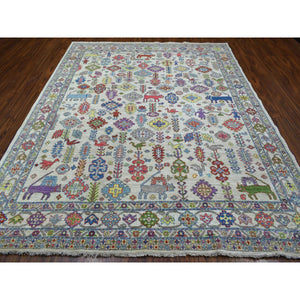 8'x10' Gray Afghan Peshawar with Ancient Animal Figurines Soft, Velvety Plush Wool Hand Knotted Oriental Rug FWR419364