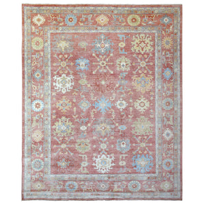 11'10"x14'3" Coral Red with Touches of Blue and Green Afghan Angora Oushak, All Over Leaf Design, Soft Wool Hand Knotted Oriental Oversized Rug FWR419394