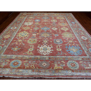 11'10"x14'3" Coral Red with Touches of Blue and Green Afghan Angora Oushak, All Over Leaf Design, Soft Wool Hand Knotted Oriental Oversized Rug FWR419394