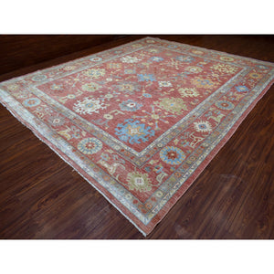 11'10"x14'3" Coral Red with Touches of Blue and Green Afghan Angora Oushak, All Over Leaf Design, Soft Wool Hand Knotted Oriental Oversized Rug FWR419394