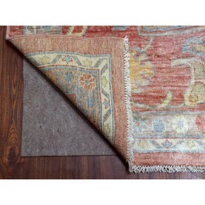 11'10"x14'3" Coral Red with Touches of Blue and Green Afghan Angora Oushak, All Over Leaf Design, Soft Wool Hand Knotted Oriental Oversized Rug FWR419394