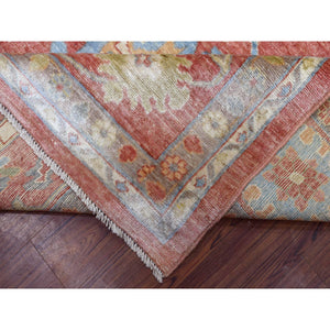 11'10"x14'3" Coral Red with Touches of Blue and Green Afghan Angora Oushak, All Over Leaf Design, Soft Wool Hand Knotted Oriental Oversized Rug FWR419394