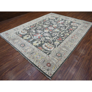 9'3"x11'9" Charcoal Black Afghan Peshawar with Heriz Design Extra Soft Wool Hand Knotted Oriental Rug FWR419628