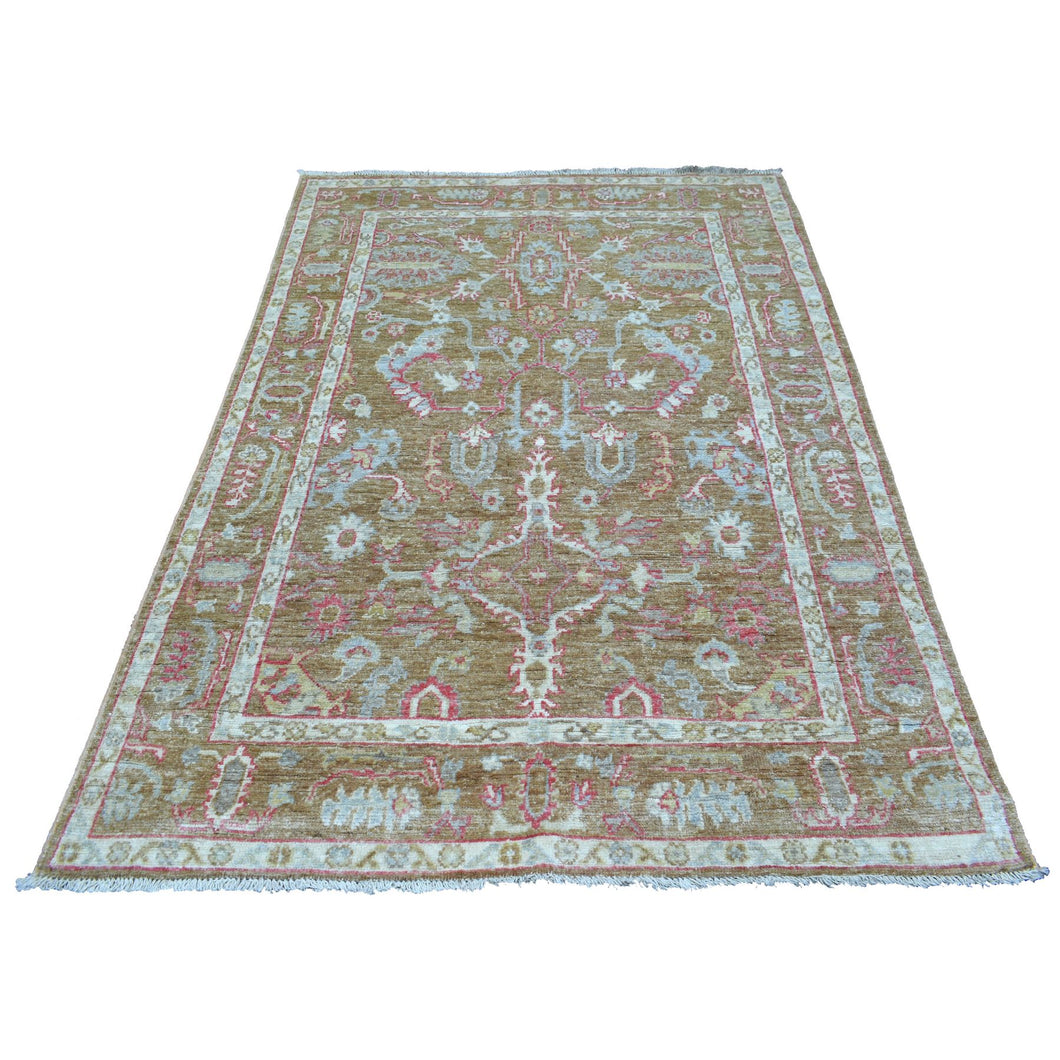 5'x7' Hand Knotted Taupe Angora Ushak with Assortment of Colors Soft, Afghan Wool Oriental Rug FWR419670