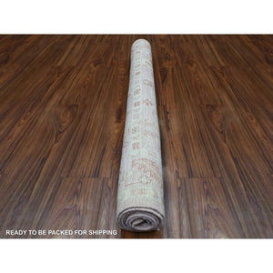 4'1"x5'10" Coral Pink, Afghan Angora Oushak with Bold Floral Pattern, Hand Knotted and Pure Wool Oriental Rug FWR419676