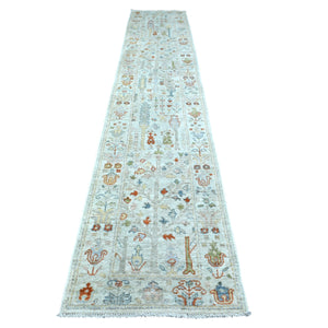 2'7"x15'4" Pop of Color Afghan Angora Oushak with Cypress and Willow Tree Design Ivory Hand Knotted Soft Wool Oriental XL Runner Rug FWR419790
