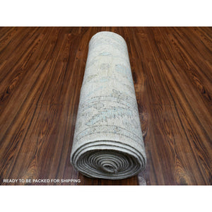 2'6"x19'9" Hand Knotted Gray Angora Oushak Soft Afghan XL Runner with Serrated Leaf Border Organic Wool Oriental Rug FWR420252