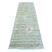 Load image into Gallery viewer, 3&#39;x9&#39;7&quot; Green Angora Oushak Runner Hand Knotted with Large Leaf Design Soft Afghan Wool Oriental Rug FWR420294
