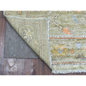 3'x9'7" Green Angora Oushak Runner Hand Knotted with Large Leaf Design Soft Afghan Wool Oriental Rug FWR420294