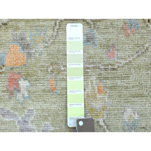 3'x9'7" Green Angora Oushak Runner Hand Knotted with Large Leaf Design Soft Afghan Wool Oriental Rug FWR420294