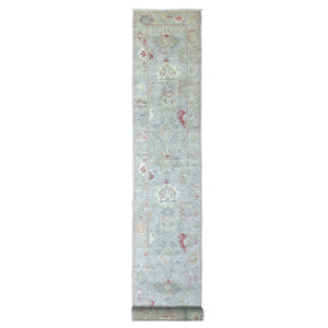 2'8"x19'6" Hand Knotted Gray Afghan Angora Oushak XL Runner with Geometric Medallions Design and Soft Wool Oriental Rug FWR420300