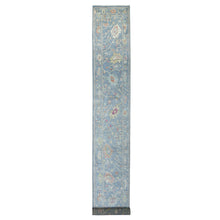 Load image into Gallery viewer, 2&#39;6&quot;x19&#39;2&quot; Deim Blue Hand Knotted Angora Oushak XL Runner with Large Leaf Design Soft Afghan Wool Oriental Rug FWR420312