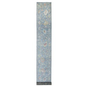 2'6"x19'2" Deim Blue Hand Knotted Angora Oushak XL Runner with Large Leaf Design Soft Afghan Wool Oriental Rug FWR420312