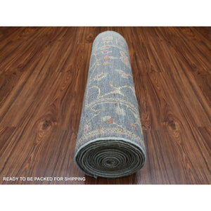 2'6"x19'2" Deim Blue Hand Knotted Angora Oushak XL Runner with Large Leaf Design Soft Afghan Wool Oriental Rug FWR420312