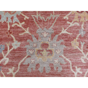 11'9"x14'8" Coral Red Hand Knotted Afghan Angora Oushak with Beautiful Leaf Design Natural Wool Oriental Rug FWR420840