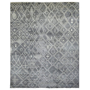 12'4"x15'1" Gray Moroccan Berber with Criss Cross Pattern Extremely Durable Hand Knotted Oriental Oversized Rug FWR420996