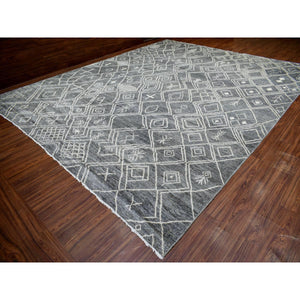 12'4"x15'1" Gray Moroccan Berber with Criss Cross Pattern Extremely Durable Hand Knotted Oriental Oversized Rug FWR420996