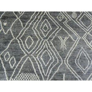 12'4"x15'1" Gray Moroccan Berber with Criss Cross Pattern Extremely Durable Hand Knotted Oriental Oversized Rug FWR420996