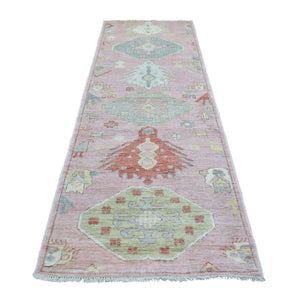 3'4"x9'9" Anatolian Village Inspired with Large Design Elements and Bird Figurines Pure Wool Hand Knotted Soft Pink Oriental Wide Runner Rug FWR421074