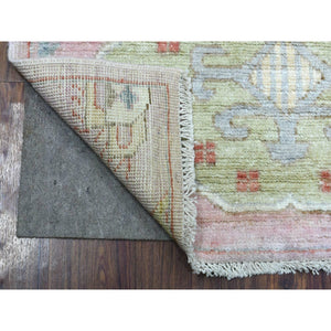 3'4"x9'9" Anatolian Village Inspired with Large Design Elements and Bird Figurines Pure Wool Hand Knotted Soft Pink Oriental Wide Runner Rug FWR421074