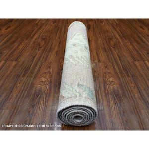 3'4"x9'9" Anatolian Village Inspired with Large Design Elements and Bird Figurines Pure Wool Hand Knotted Soft Pink Oriental Wide Runner Rug FWR421074