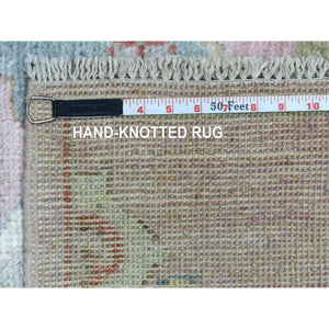 3'4"x9'9" Anatolian Village Inspired with Large Design Elements and Bird Figurines Pure Wool Hand Knotted Soft Pink Oriental Wide Runner Rug FWR421074