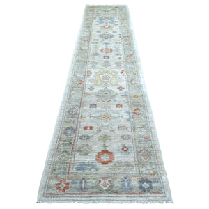 2'9"x13'6" Afghan Angora Oushak with Soft Colors, Pure Wool, Hand Knotted, Gray, Oriental Runner Rug FWR421122