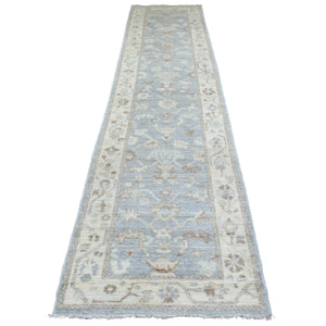 3'x13'7" Gray, Afghan Angora Ushak with All Over Motifs, Pure Wool, Hand Knotted, Oriental Runner Rug FWR421128