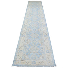 Load image into Gallery viewer, 2&#39;9&quot;x15&#39; Hand Knotted Denim Blue Washed Out Peshawar with Flower Medallion Design Pure Afghan Wool Oriental XL Runner Rug FWR421602