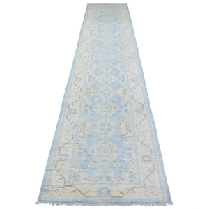 2'9"x15' Hand Knotted Denim Blue Washed Out Peshawar with Flower Medallion Design Pure Afghan Wool Oriental XL Runner Rug FWR421602