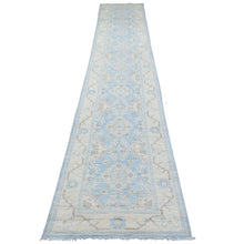 Load image into Gallery viewer, 2&#39;6&quot;x14&#39;10&quot; Washed Out Blue Peshawar with Geometric Design Hand Knotted Pliable Wool Oriental XL Runner Rug FWR421638