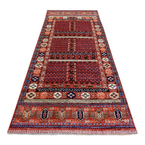 4'1"x10'2" Deep Red Afghan Ersari with Hutchlu Parda Design Soft, Velvety Plush Wool Hand Knotted Oriental Wide Runner Rug FWR422142