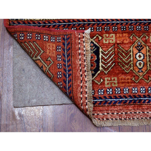 4'1"x10'2" Deep Red Afghan Ersari with Hutchlu Parda Design Soft, Velvety Plush Wool Hand Knotted Oriental Wide Runner Rug FWR422142